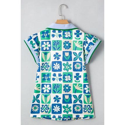 Green Floral Plaid Colorblock Trim Collar Flutter Sleeve Blouse