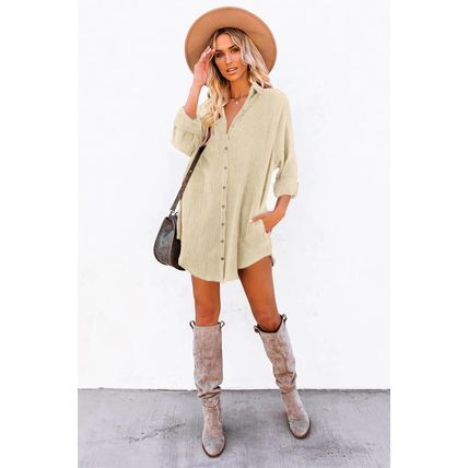 Beige Corduroy Shirt Style Full Button Long Sleeve Shift Mini Dress