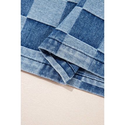 Sky Blue Checkerboard Zipped Neck Kangaroo Pocket Denim Hoodie