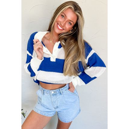 Blue Stripe Colorblock Polo Collar Eyelet Crochet Knitted Sweater