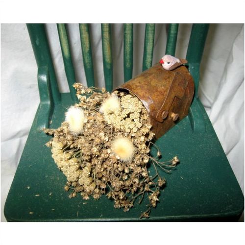 Decorative Painted Green Wood Shelf Size Chair With Rusted Mailbox & Straw Hat