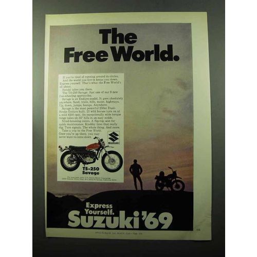 1969 Suzuki TS-250 Savage Motorcycle Ad - Free World