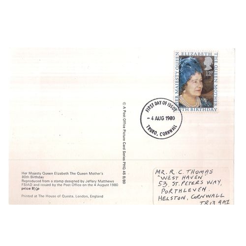 THE QUEEN MOTHER'S 80TH BIRTHDAY 1980 by Post office postcard stamps FDC frank #