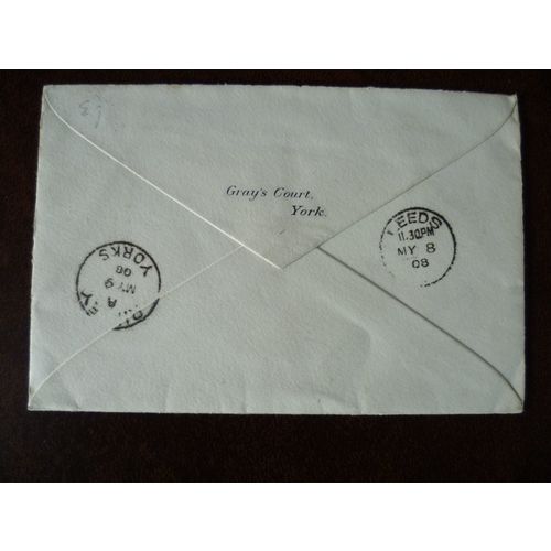 1908 GB KEVII 1d Cover York Leeds Ripley cancels Frederick Mitchell