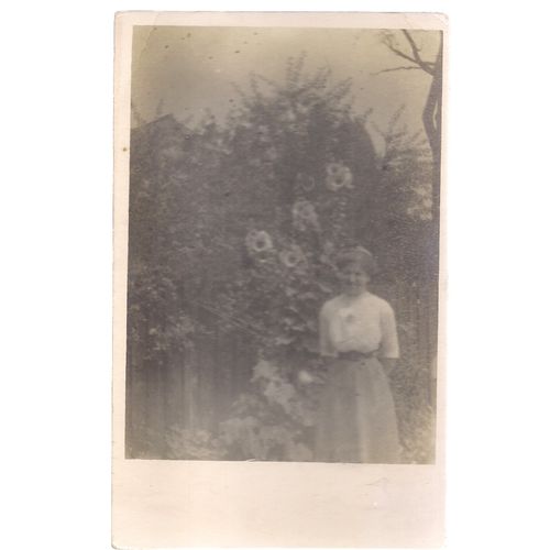 LADY IN FRONT OF GIANT HOLLYHOCK FLOWERS .unused vintage postcard real photo #