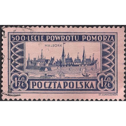 POLAND, Recovery of Pomerania, Malbork, blue on pink 1954, 1.40 Zl