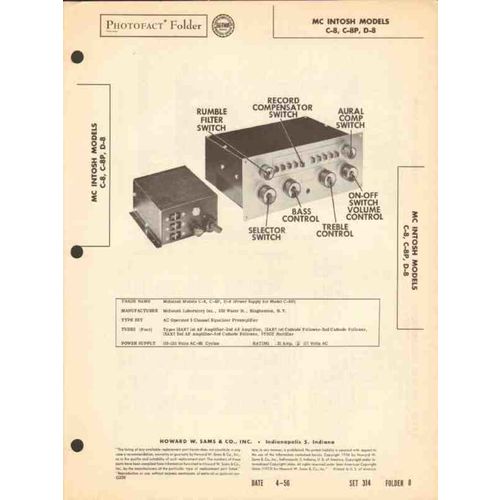MCINTOSH model C-8 C-8P D-8 audio pre-amp EQ Sams Photofact manual