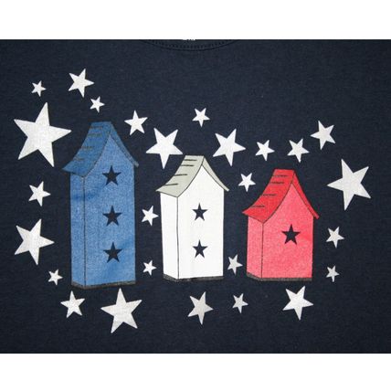 Laura Scott Women's Blue Patriotic Stars Birdhouses Cotton T-Shirt Size Medium