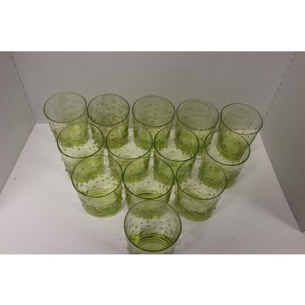 Set of 13 oval, green bubbled glass drinking glasses, 12 fluid oz capacity
