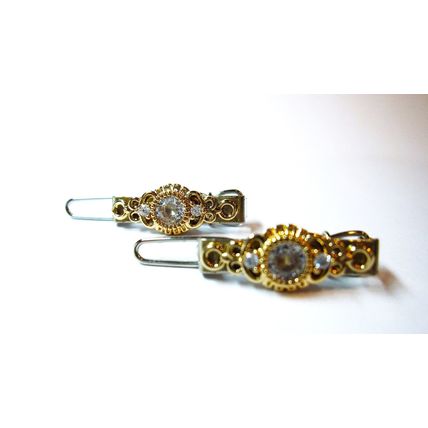 Two small tiny slim gold and clear crystal hair pin clip barrettes fine hair
