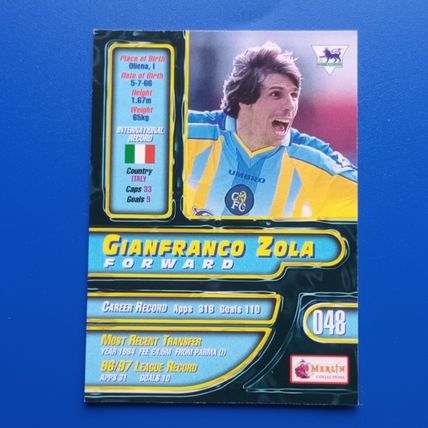 GIANFRANCO ZOLA 1998 Merlin Premier Gold Soccer Card CHELSEA #48