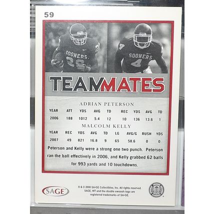 2008 SAGE Hit ADRIAN PETERSON/MALCOLM KELLY - Teammates rookie card #59