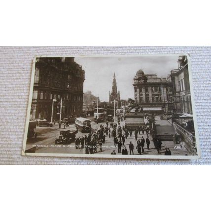 1930s RP Postcard - Old Tram, bus, lorry - Waterloo Place, Edinburgh Scotland