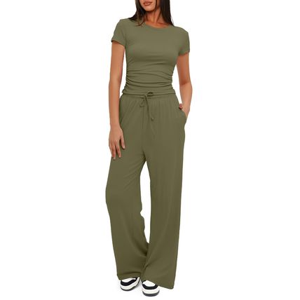 2pcs Solid Color Casual Sports Yoga Suit Short-sleeved Top And High-waisted Draw