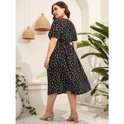sleeve square neck slim fit dress Plus size women's printed short