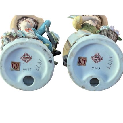 2 Vintage Napcoware Porcelain 8" Country Hillbilly Boy Girl w/Birds Ceramica