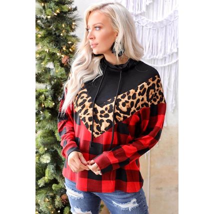Red Chevron Plaid Leopard Patchwork Turtleneck Sweatshirt