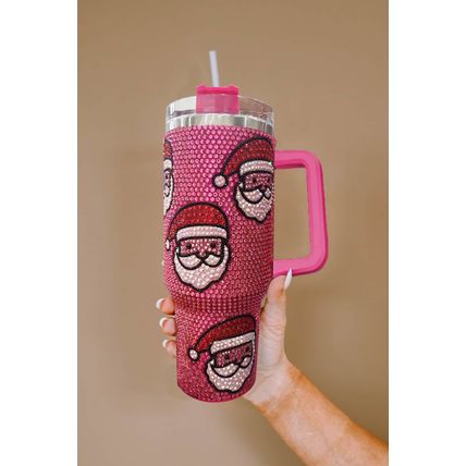 Rose Red Christmas Santa Claus Diamond Thermos Cup with Straw