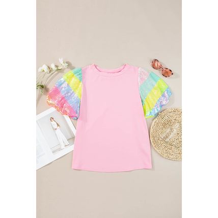 Pink Sequin Colorblock Striped Puff Sleeve Top