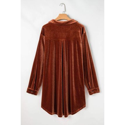 Coffee Plus Size V Neck Collared Pleated Back Rounded Hem Velvet Dress