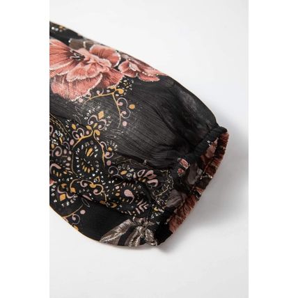 Black Floral Print Criss Cross V Neck Balloon Sleeve Blouse