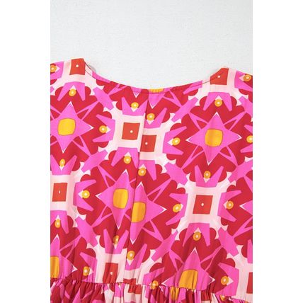 Strawberry Pink Geometric Print Smocked Long Sleeve Mini Dress