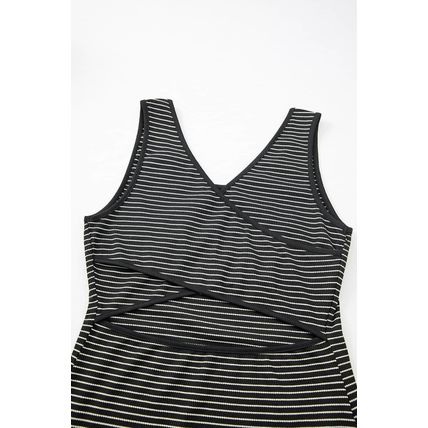 Black Stripe Criss Cross Side Slits Slim Fit Sleeveless Midi Dress