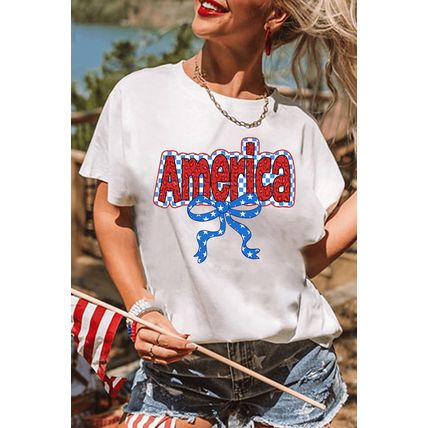 White Funky America Letter Bow Printed T Shirt