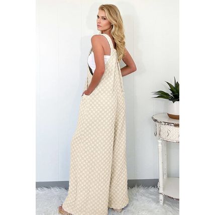 Beige Checkered Pocketed High Waist Wide Leg Overall
