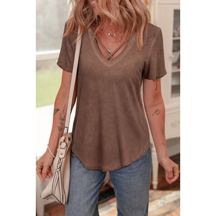 Chestnut Mineral Wash Criss Cross V Neck Casual T Shirt