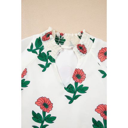 Beige Floral Print Shirred Split Neck Short Sleeve Blouse