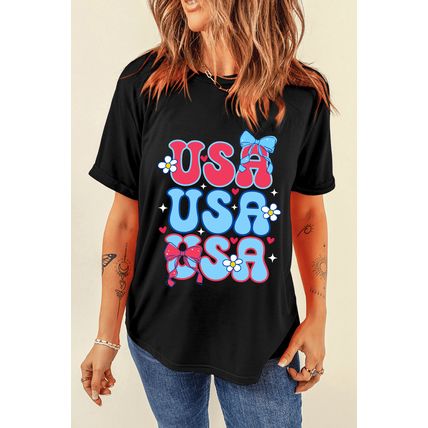 Black July 4th Cute Flower Bow USA Letter Graphic Tee