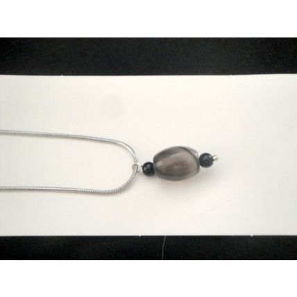 White black grey banded agate barrel pendant on stainless steel necklace