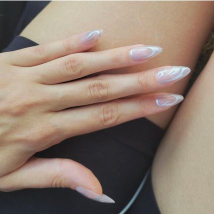 24 False Nails stiletto Press On Set nail Silver pink nude stud long almond fake