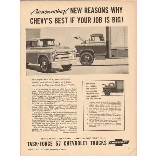 CHEVROLET 1957 announcing new reasons best job Chevy truck vintage ad