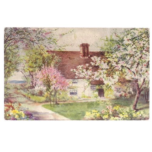 THATCH COTTAGE AND TREE BLOSSOM painting unused vintage postcard by G A & Co =