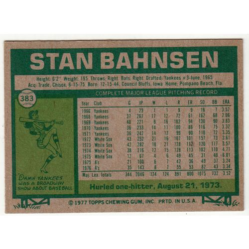 1977 Topps baseball card 383 Stan Bahnsen - Athletics