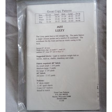 Great Copy Patterns 655 Lizzy Pants Straight Leg XS, S, M, L, XL