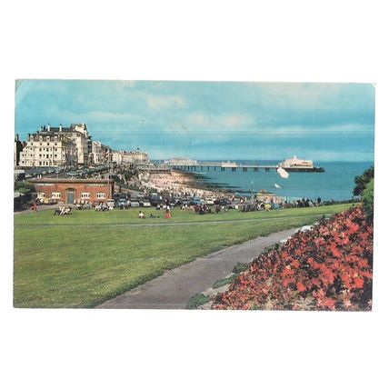 BEACH AND PIER, EASTBOURNE, SUSSEX used postcard Colourmaster 1980 #