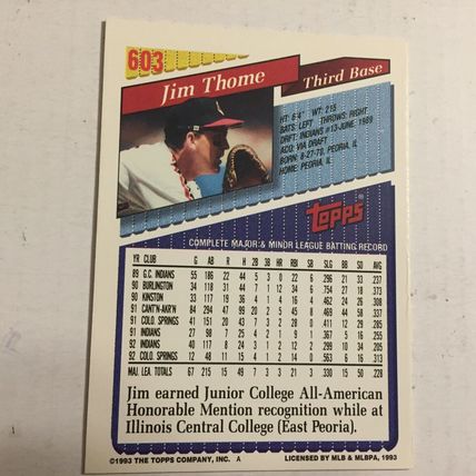 1993 Topps Cleveland Indians HOF Jim Thome MLB Trading Card