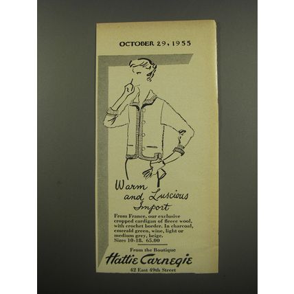 1955 Hattie Carnegie Cardigan Ad - Warm and Luscious Import