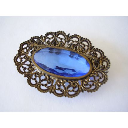 Vintage Brooch Czech Filigree Edwardian Oval Sash Pin Large Peacock Blue Crystal