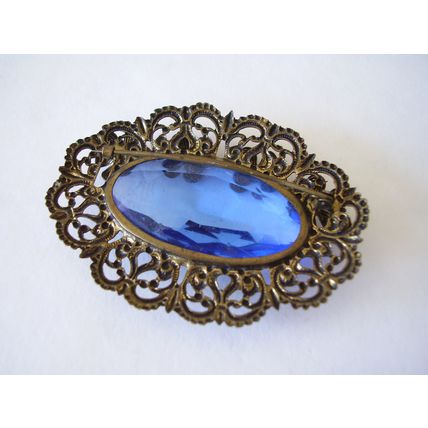 Brooch Large Czech Filigree Edwardian Oval Sash Pin Peacock Blue Faceted Crystal