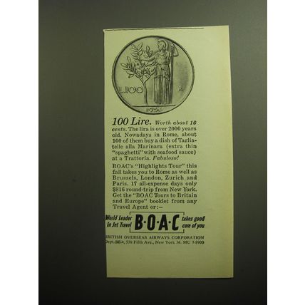 1958 BOAC Airways Ad - 100 Lire. Worth about 16 cents