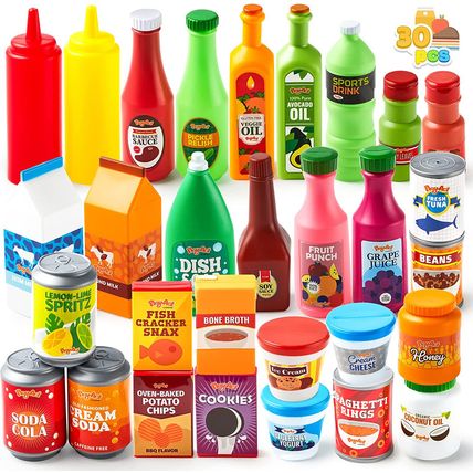 JOYIN 30Pcs Play Food Grocery Cans, Play Kitchen Accessories, Includes Drink, Ju
