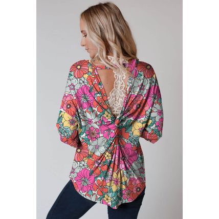 Multicolor Twisted Hollow-out Back Floral Long Sleeve Top