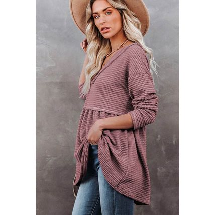 Pink Waffle Knit V Neck Long Sleeve Babydoll Top