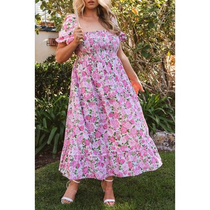 Pink Plus Size Floral Print Smocked Puff Sleeve Dress