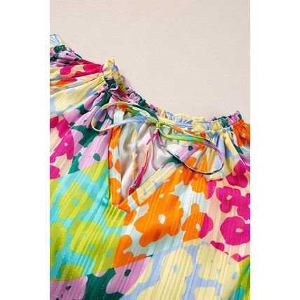 Multicolour Leopard Flutter Sleeve V Neck Crinkled Blouse