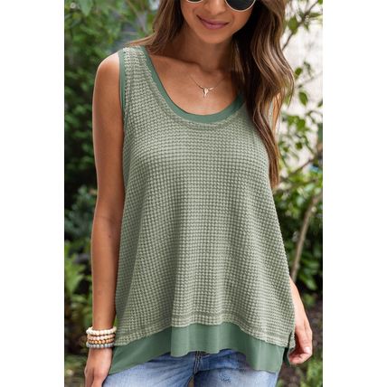 Sea Green Scoop Neck Waffle Knit Flowy Vest